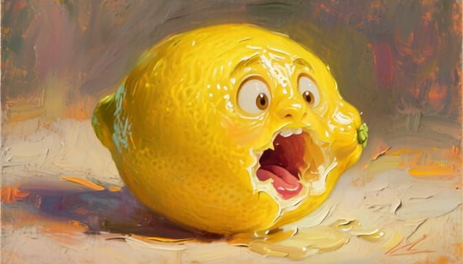 Oil Painting of a Sour Lemon with Surprised Expression