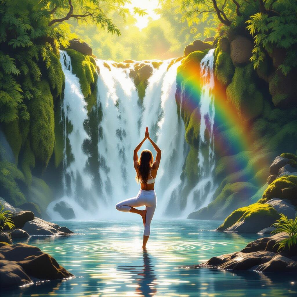 Serene Yoga Under Waterfall at Golden Hour