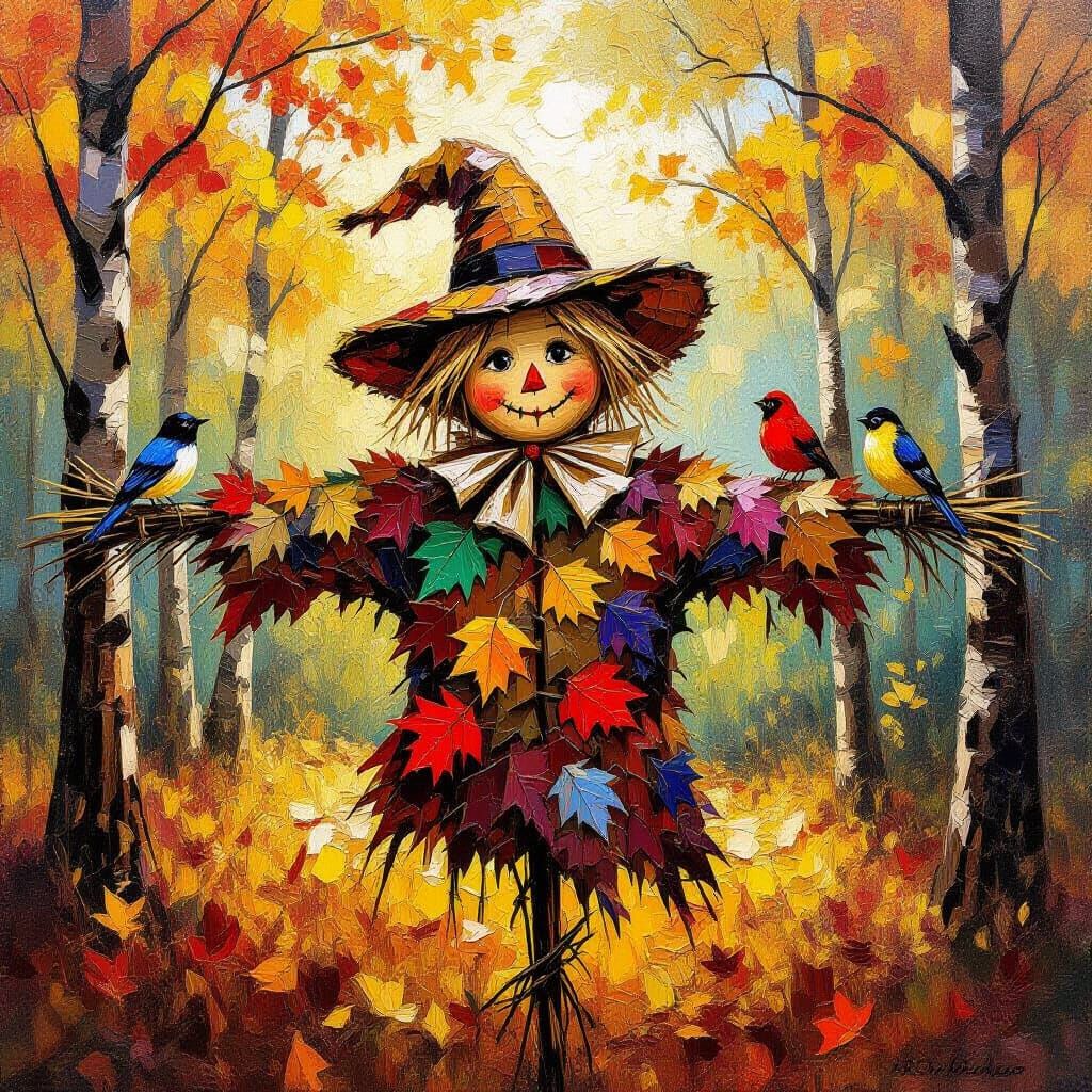 Expressionist Impasto Scarecrow in Sun-Dappled Forest