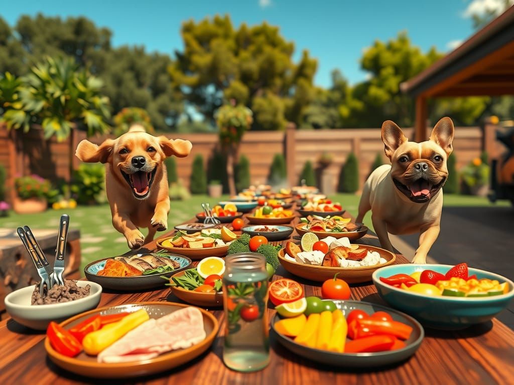 Hyper-Realistic Dogs at a Sunny Backyard Barbecue