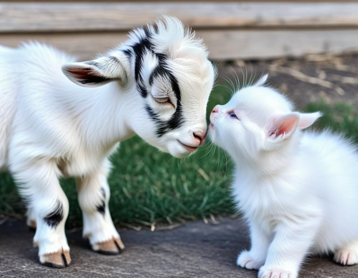 Baby Goat and Kitten Sniff Noses
