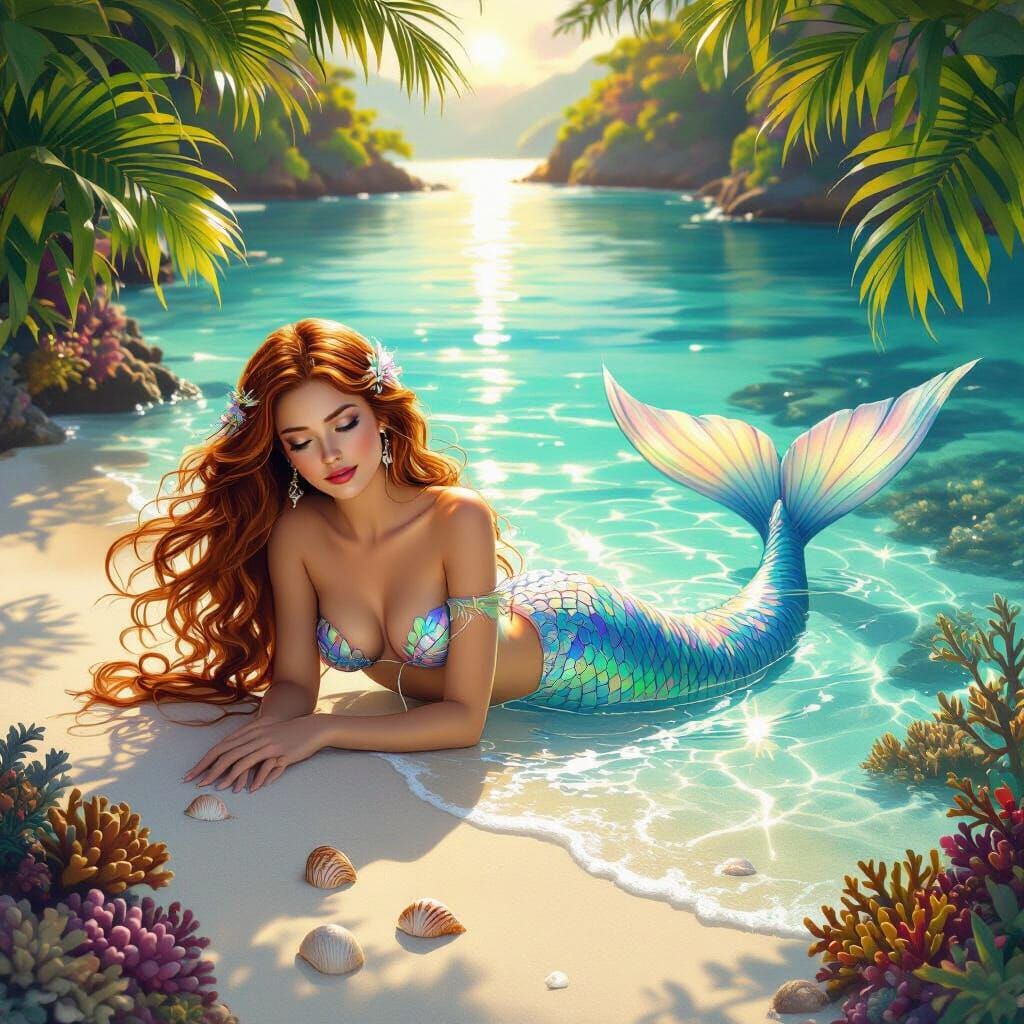 Mermaid Basking on Pristine Beach in Golden Hour Light