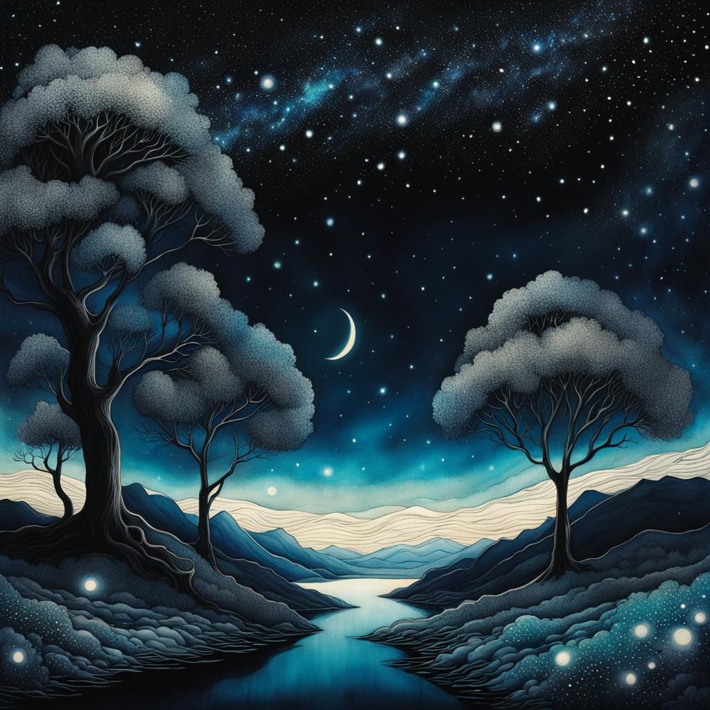 Inverted Starry Sky Landscape in Watercolor