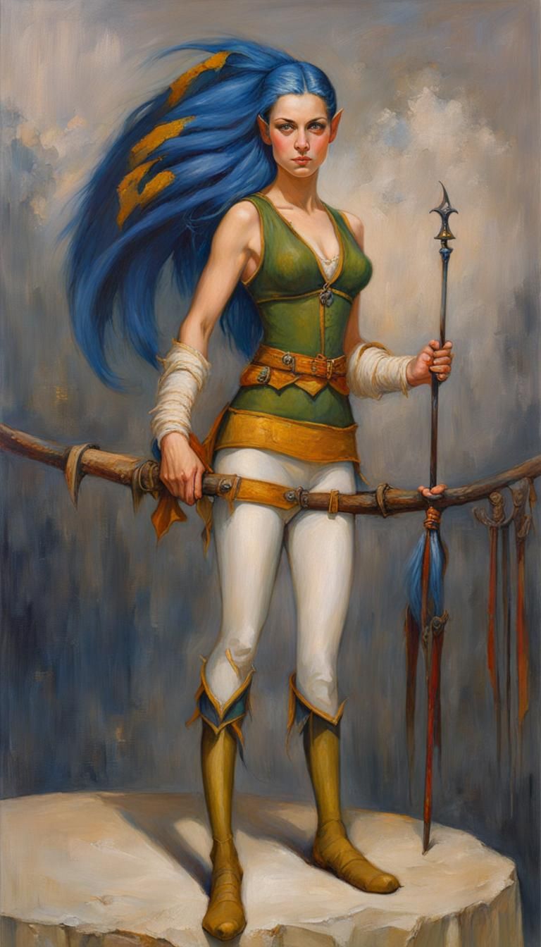 Elven Archer with Bow in Oil Painting Style