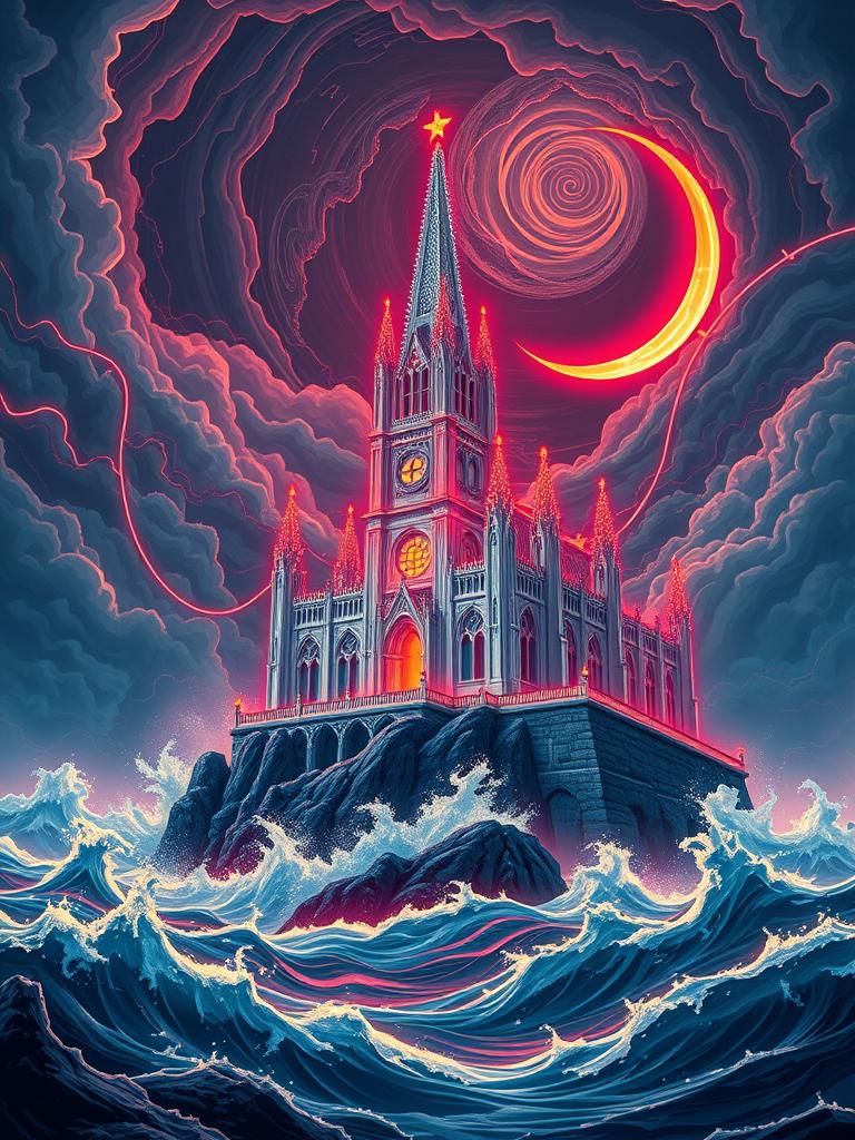 Neon Gothic Cathedral on Stormy Cliff Island
