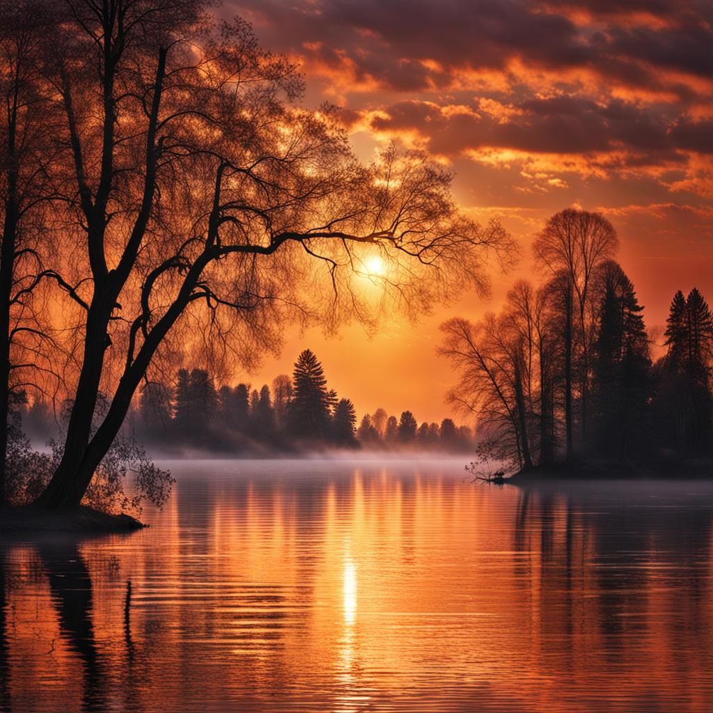 Magical Sunrise Over Serene Lake: High-Resolution Photograph...