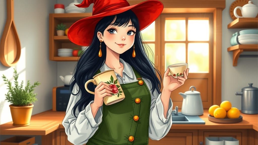 Cozy Kitchen Sorceress in Whimsical Style