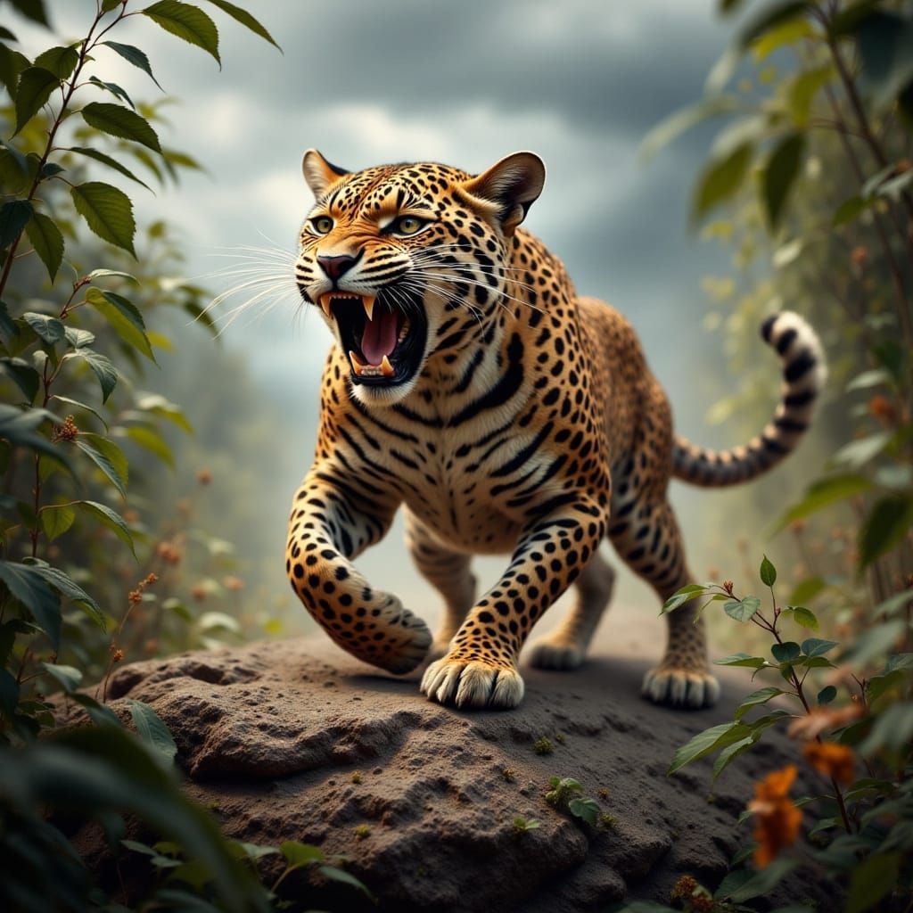 Leopard Roars in Windswept Landscape