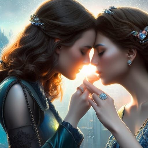 Two Women Kissing, Engagement Ring, Art Nouveau Style