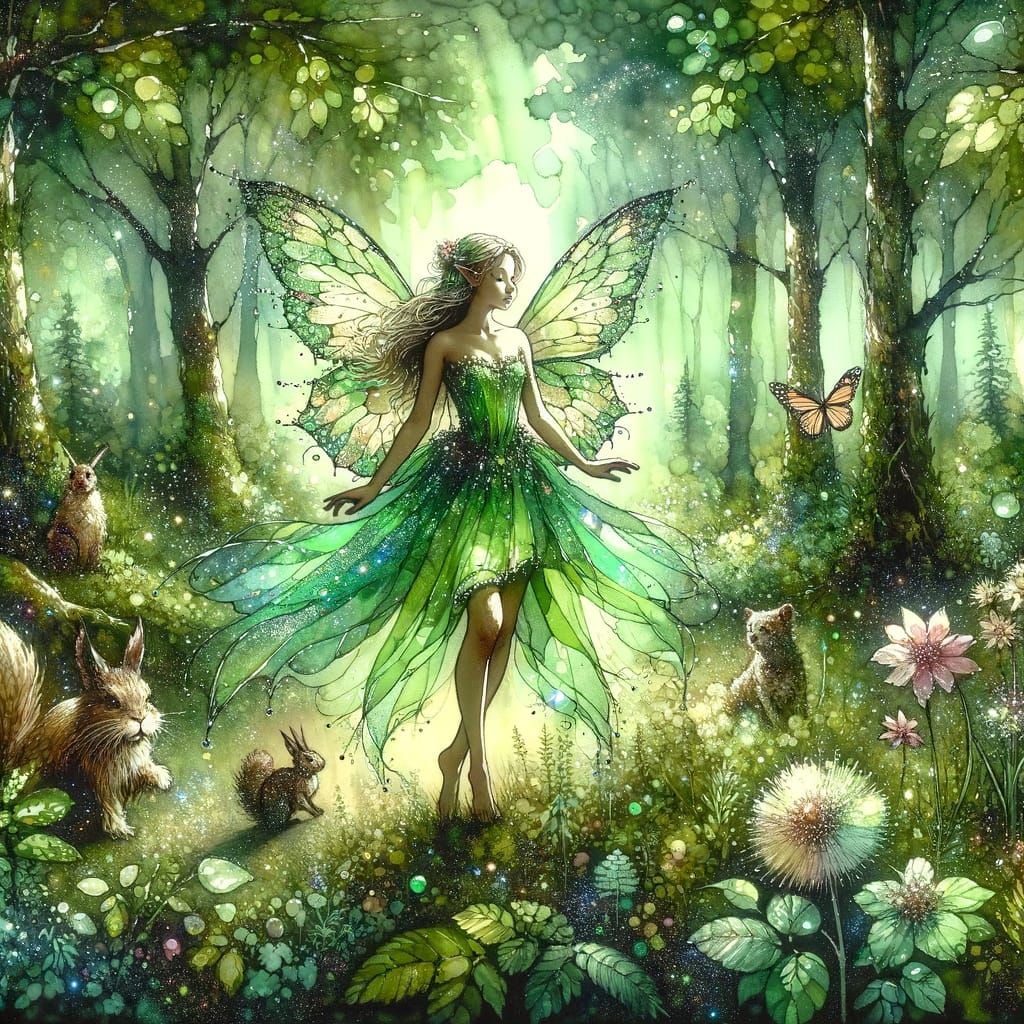 Magical Fairy of the Wooded Realm as Alcohol Ink Painting
