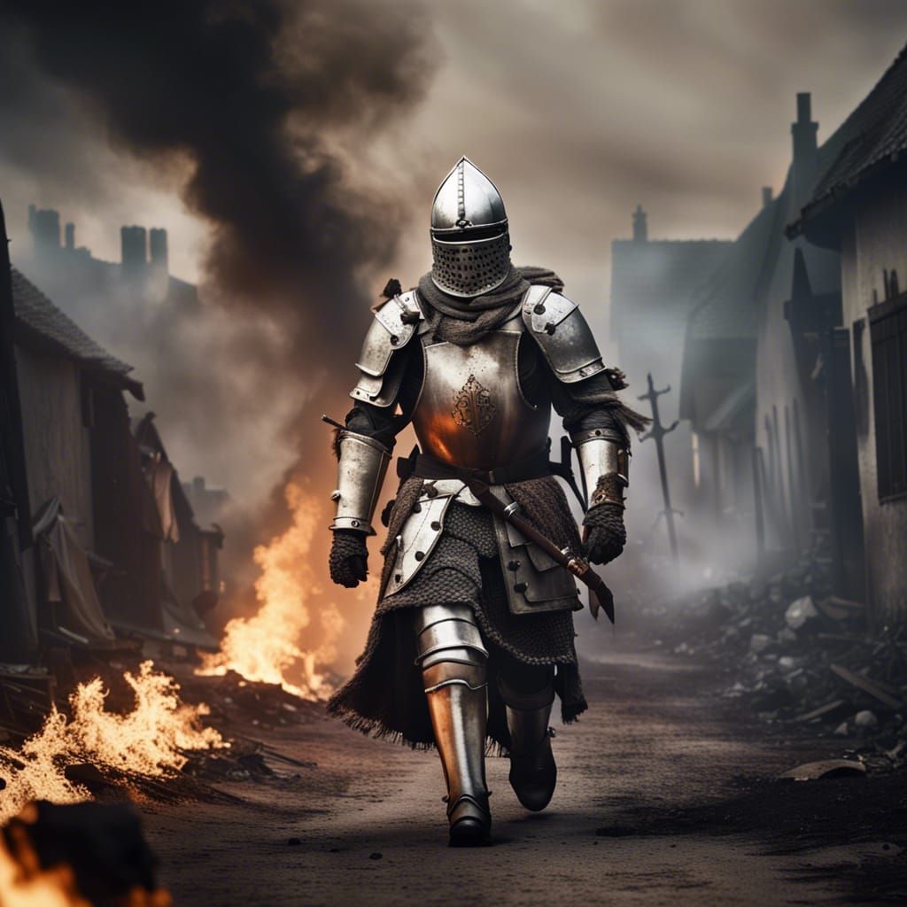 Teutonic Knight in Burning Village: Photorealistic Image