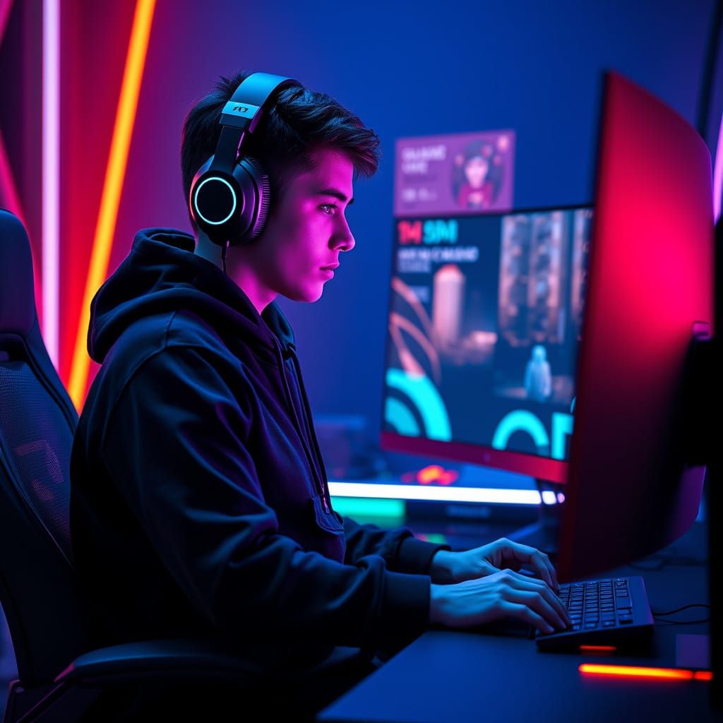 Neon Gamer in Cyberpunk Gaming Lair