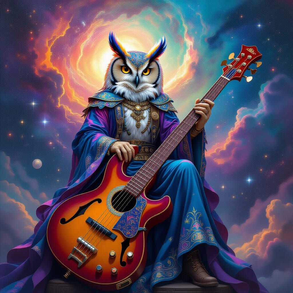 Psychedelic Owl on Cosmic Bass Guitar Throne