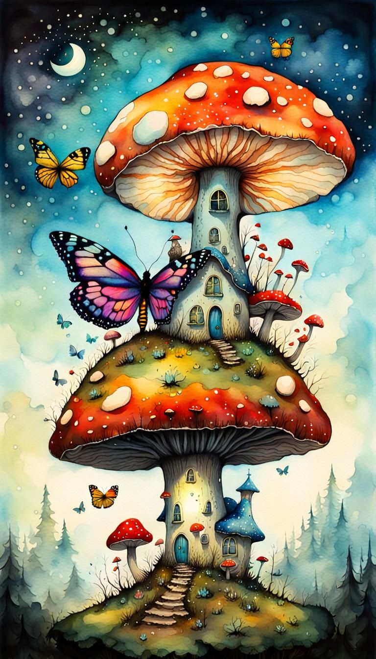 Butterfly and Mushroom: Whimsical Surreal Watercolor
