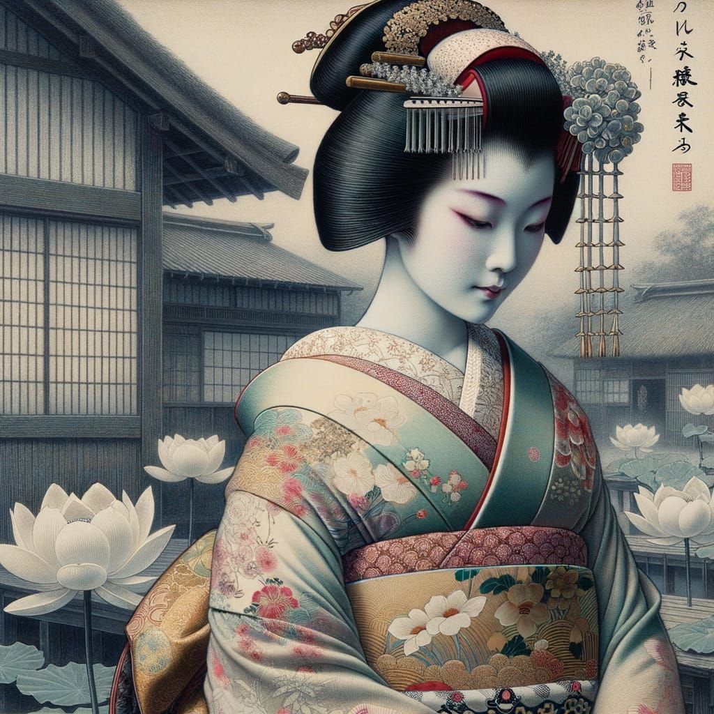 Elegant Geisha in Kimono: Pre-1912 Oil Painting