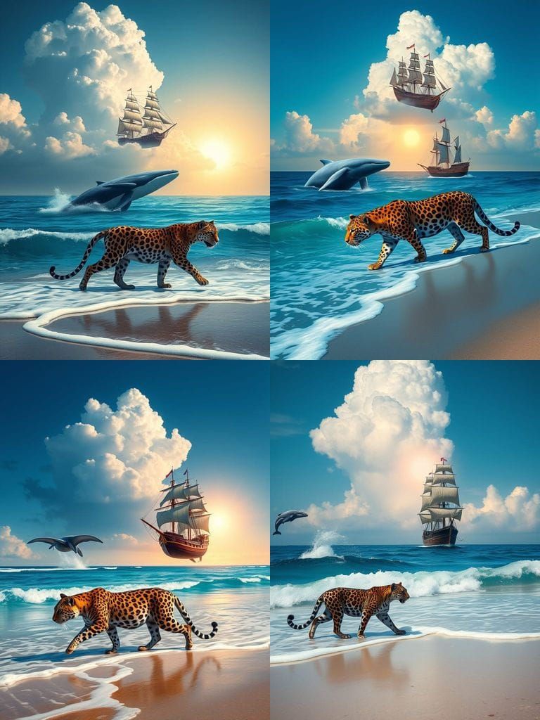 Surreal Jaguar on Beach with Floating Galleon
