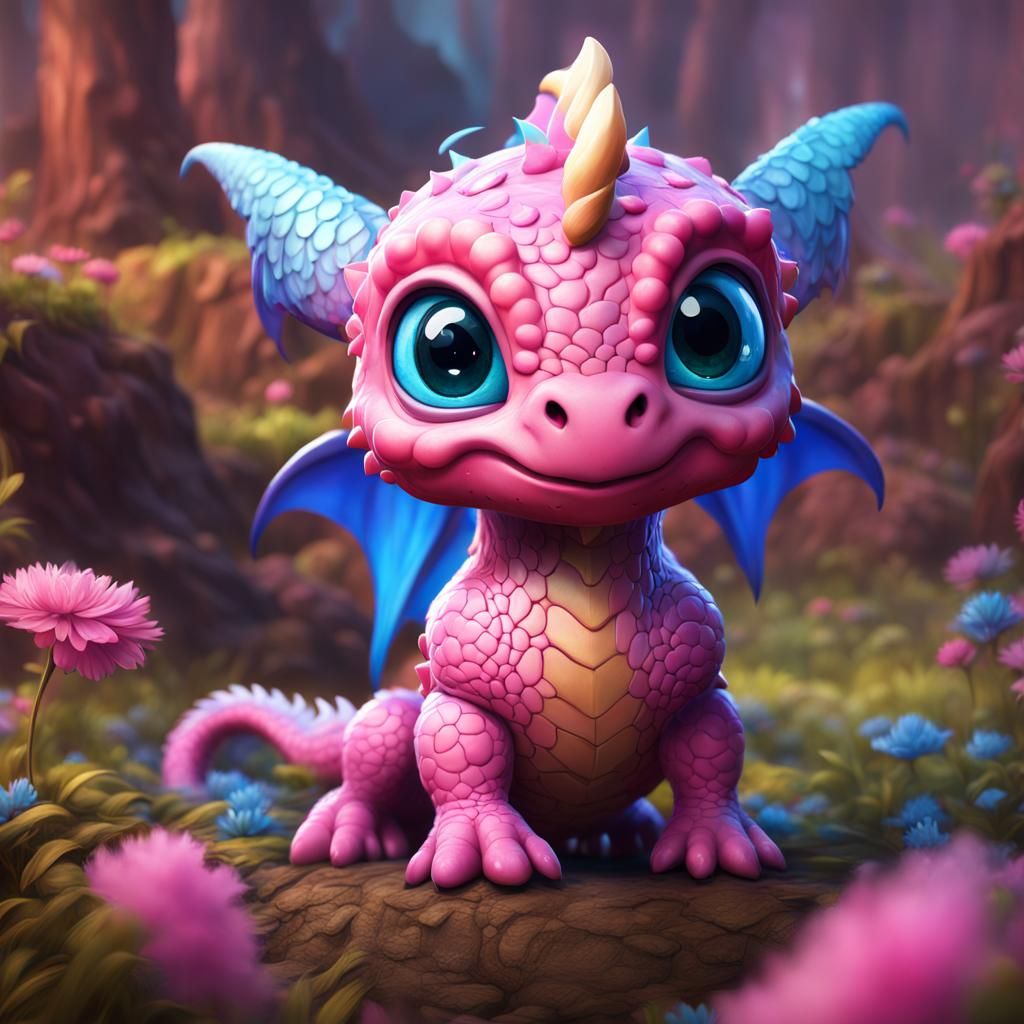 Cute Pink Baby Dragon with Blue Crest