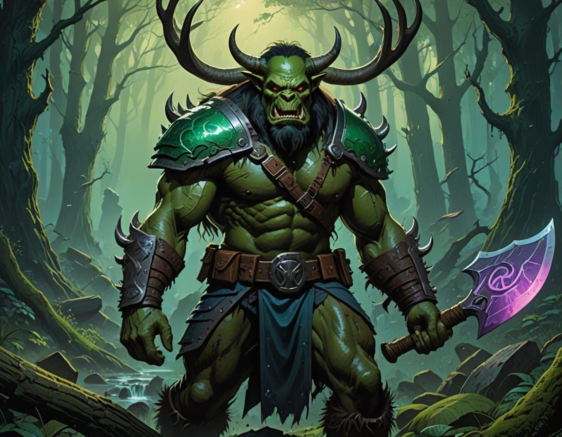 Battle-Hardened Orc Warrior in Dark Forest