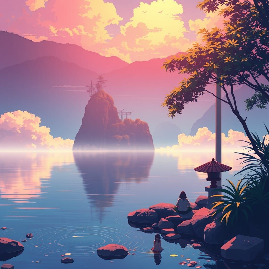Surreal Anime Oasis in Vibrant Cel-Shaded Style