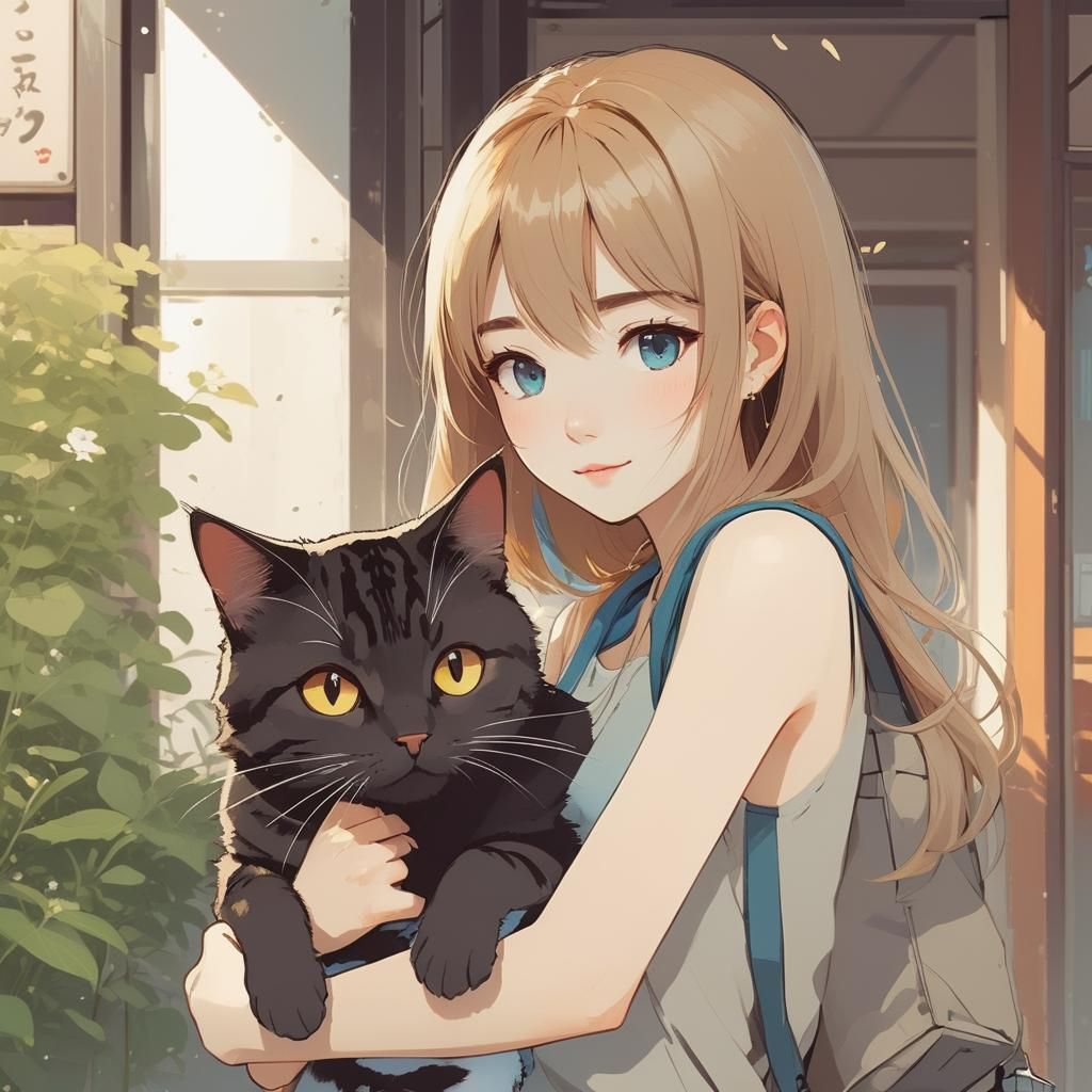 Girl with a tabby cat (anime style)
