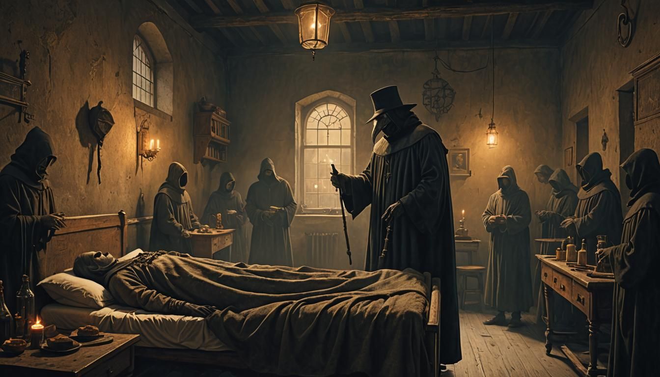 Medieval Plague doctor in a large medieval hospital room with canddle lights amidst sick patients in bed, dark, eerie at...