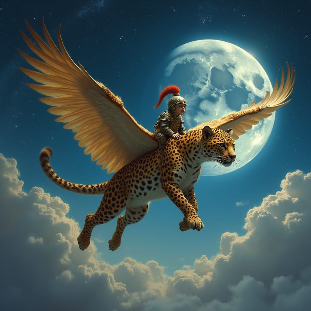 Epic Fantasy Cat Riding Flying Leopard Under Starry Night Sk...