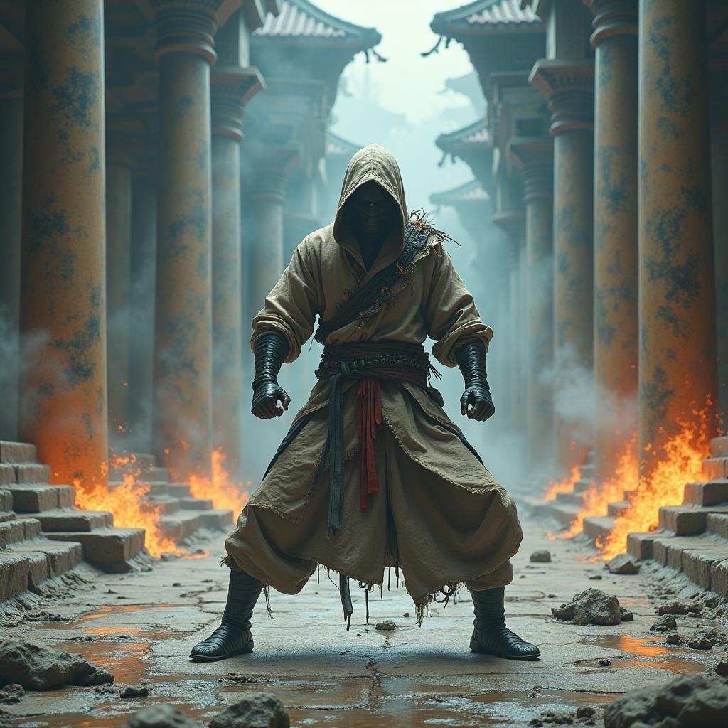 Ninja Warrior in Burning Temple: Matte Painting