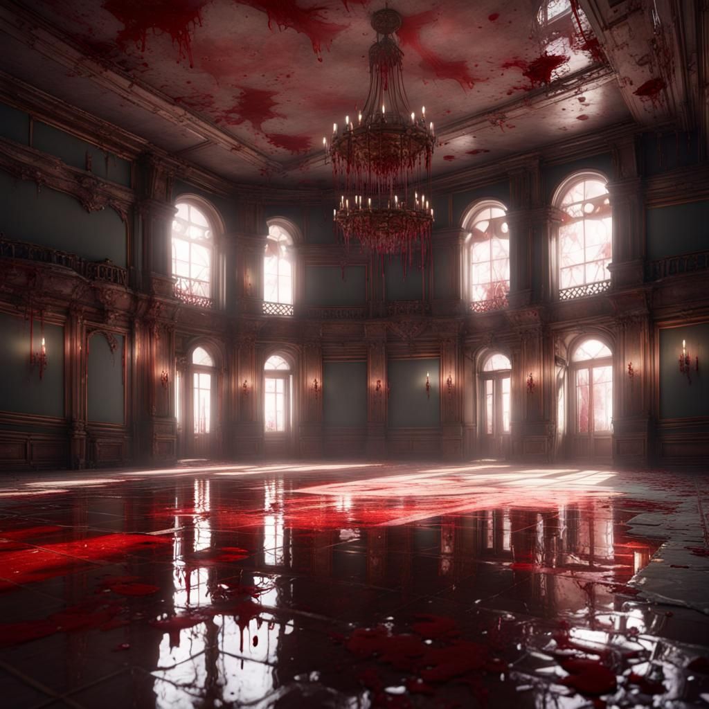 Abandoned Ballroom Dripping Blood: 3D Game Cinematic