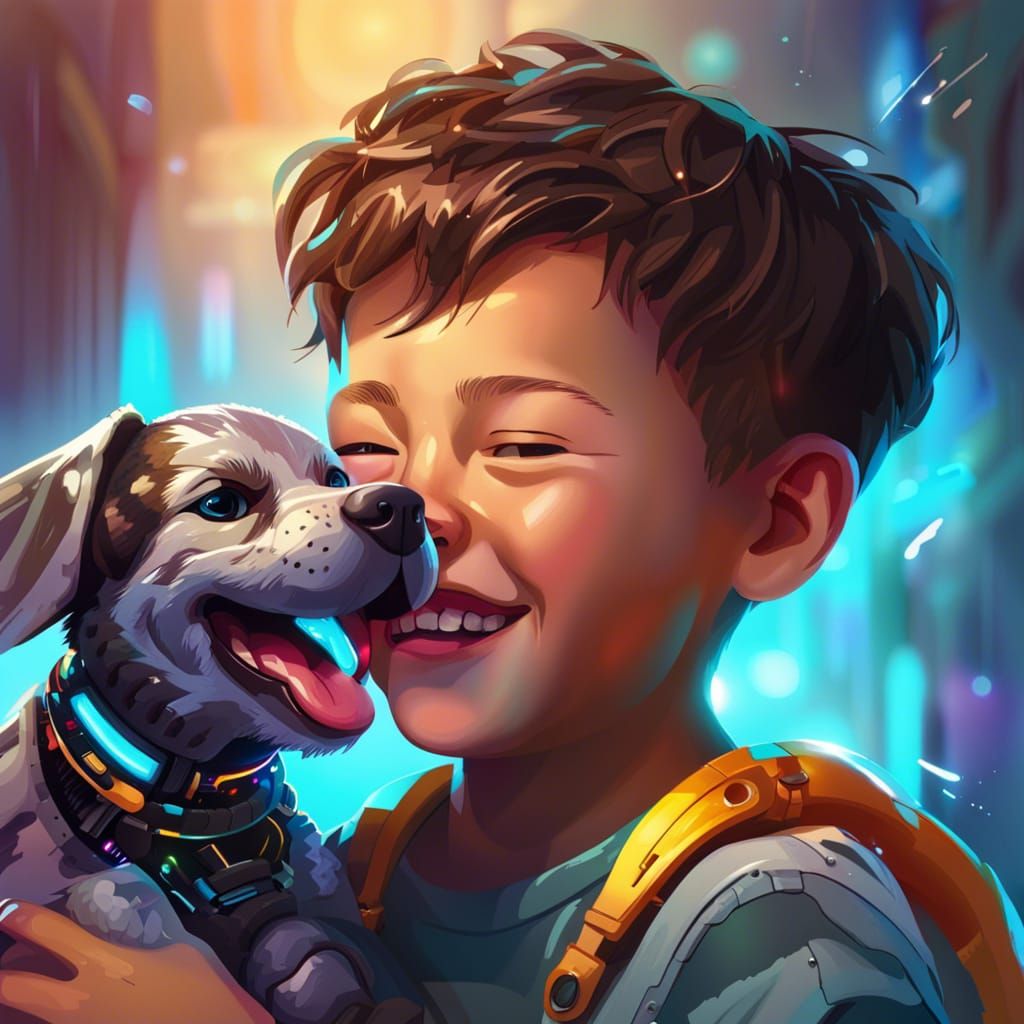 Boy and Cybernetic Puppy in Hyperrealistic Style
