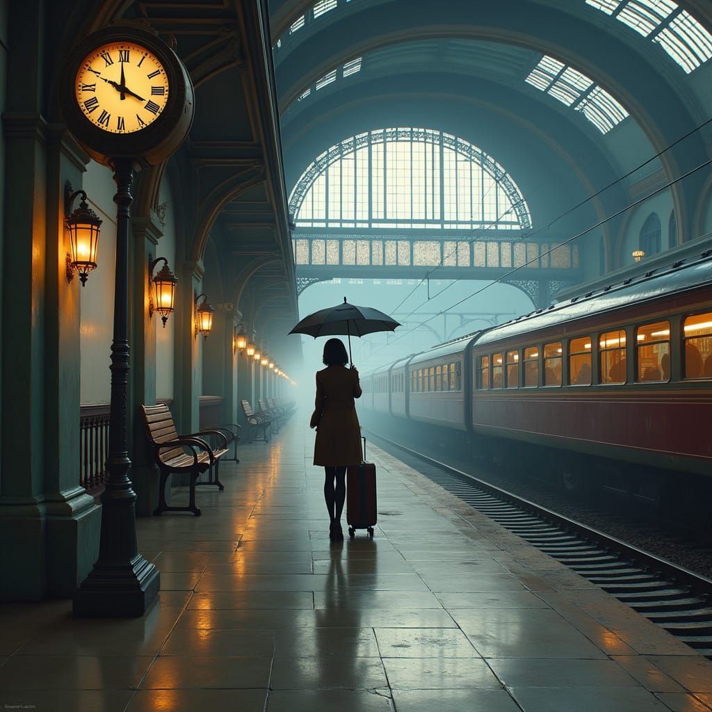 Woman in Train Station with Rainy Weather, Fantastic Realism