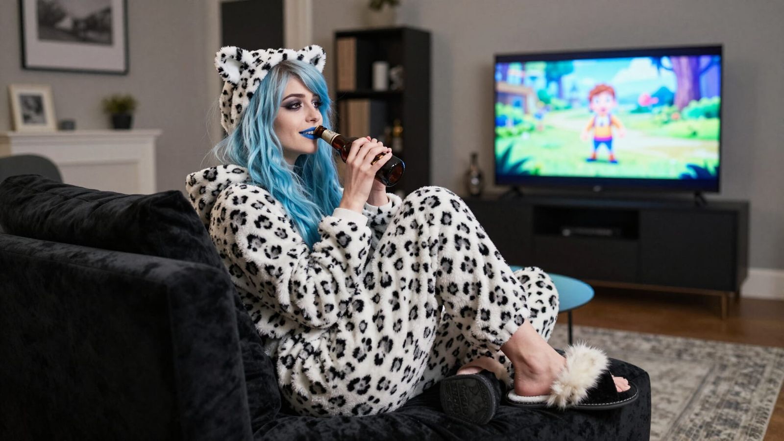 Emo Goth Woman Relaxing in Velvet Sofa