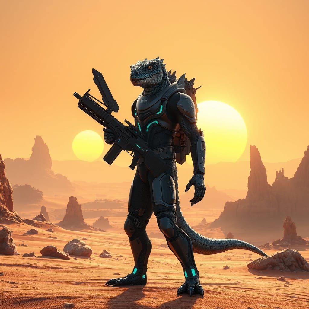 Reptilian Bounty Hunter in Futuristic Desert Landscape