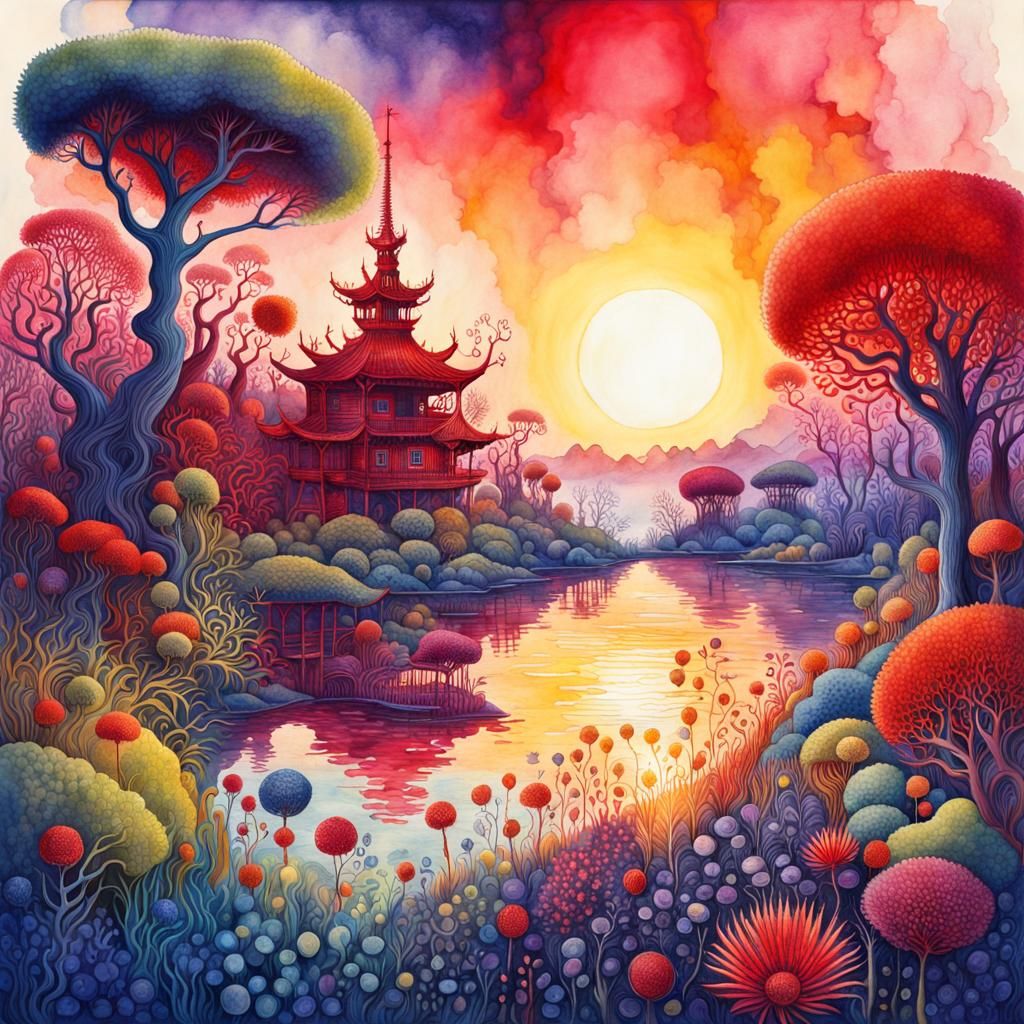 Psychedelic Summer Sunset Diorama in Digital Watercolor