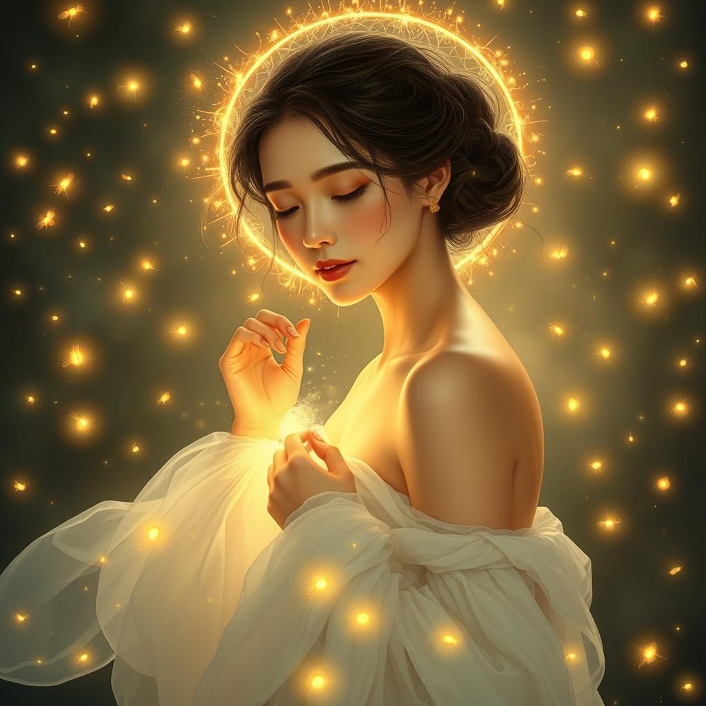 Ethereal illustration of a serene woman with glowing accents...