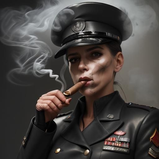 Female Military Officer Smoking Cigar in Leather Uniform