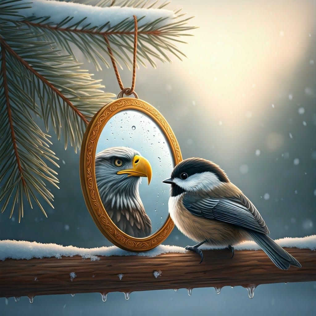 Chickadee Eagle Reflection in Hyperrealistic Winter Scene
