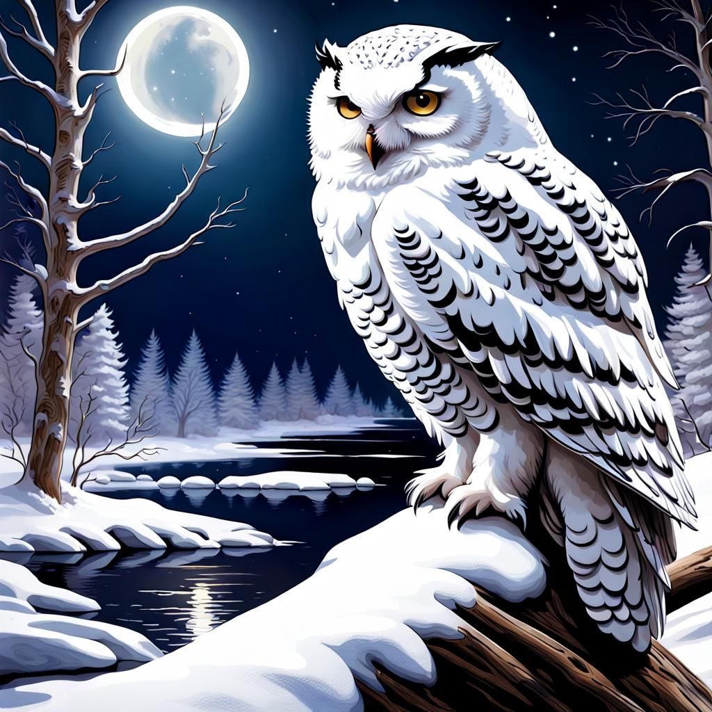 Snowy Owl Perch in Moonlit Winter Riverscape
