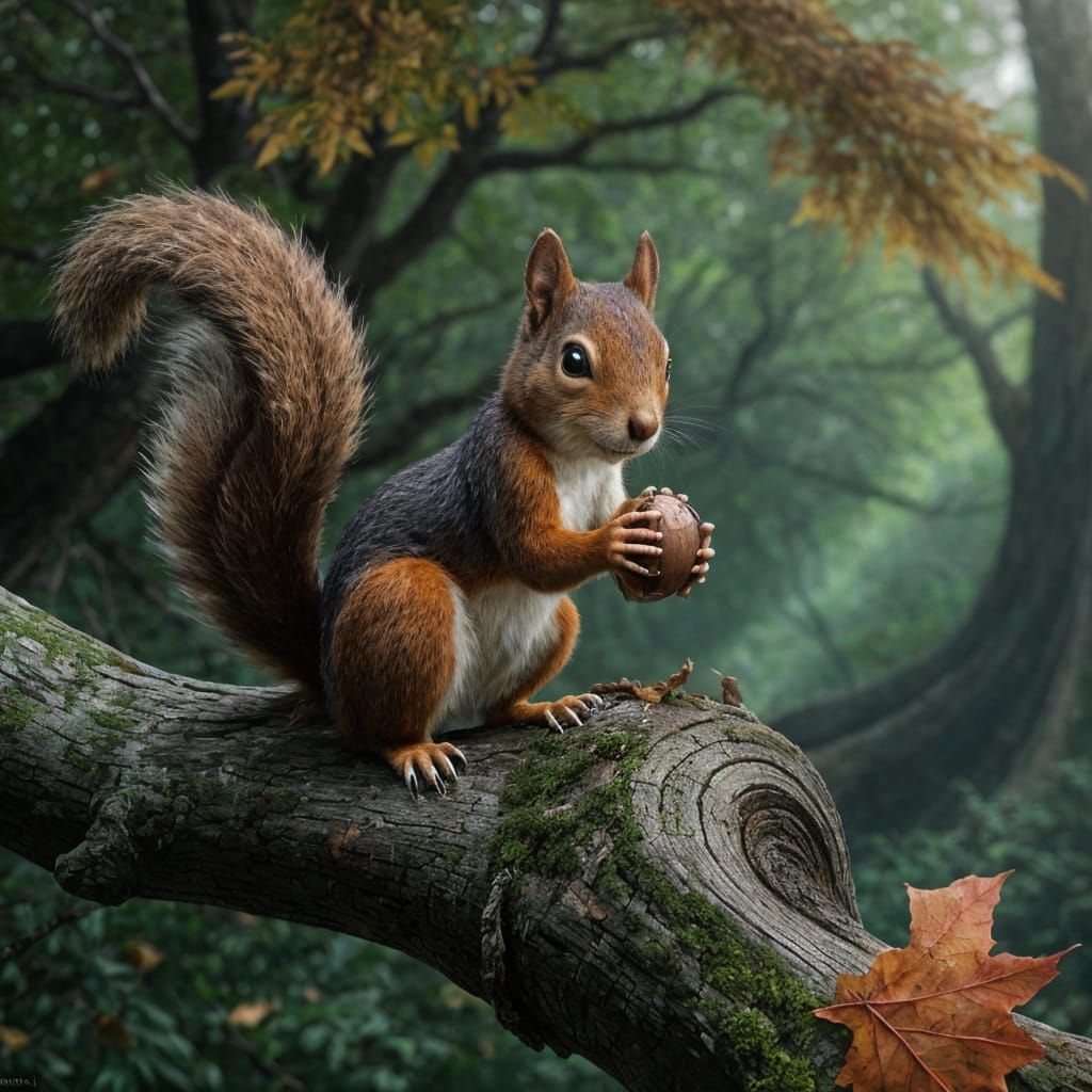 Auburn Squirrel in Mystical Autumn Treetops