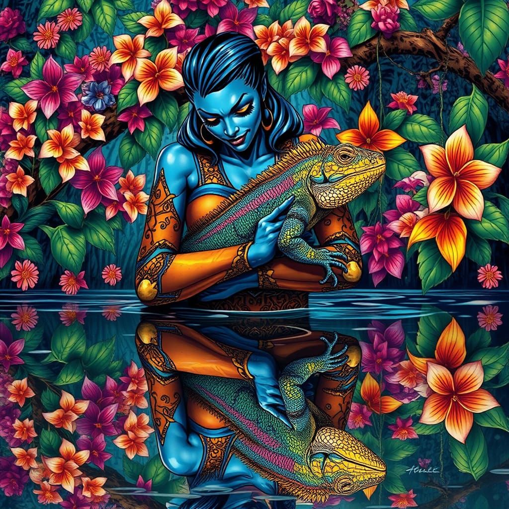 Mystique Cradling Rainbow Iguana in Comic Book Style