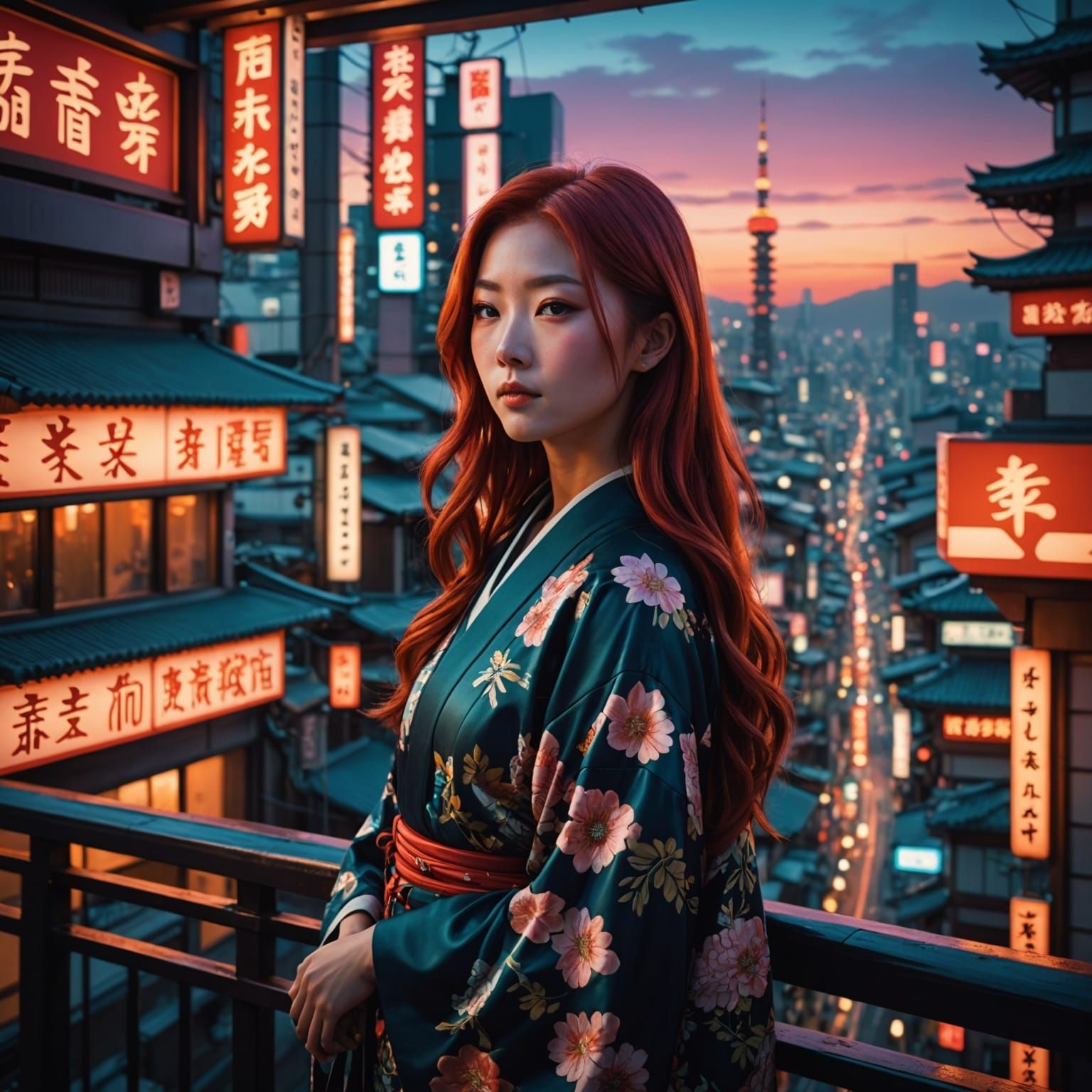 Japanese Woman in Floral Kimono Overlooking Retro-Futuristic...