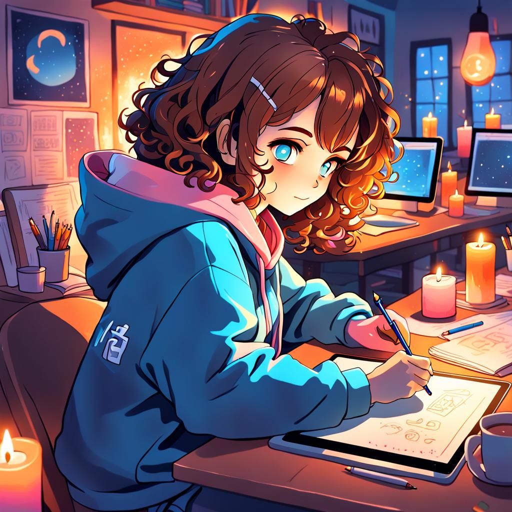 Anime Girl Drawing in Cozy, Warm Environment