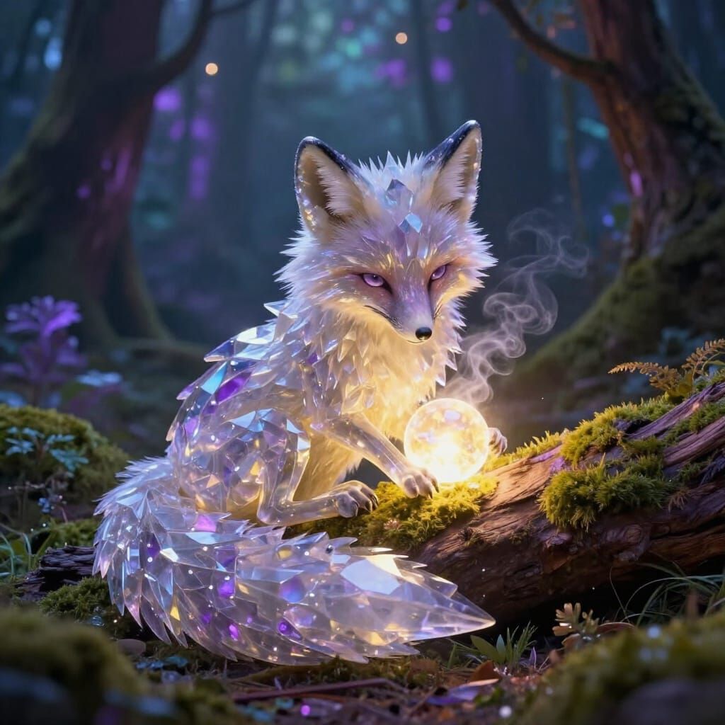 Crystalline Fox with Glowing Orb in Enchanted Forest