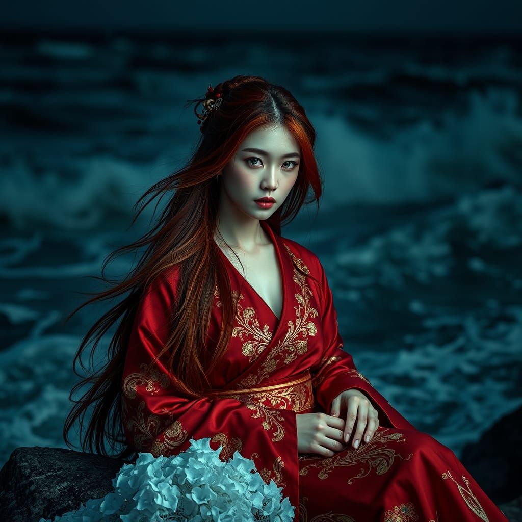 Mysterious Chinese Woman in Stormy Seas at Night
