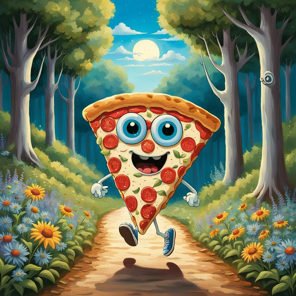 Happy Pizza Slice Walks Country Path