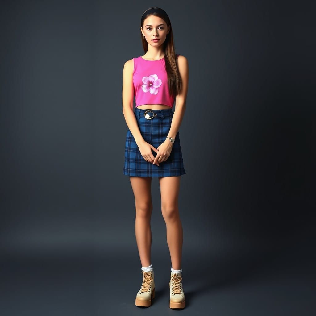 Stunning Model Studio Shoot: Bright Pink Top Paired with a Plaid Skirt
