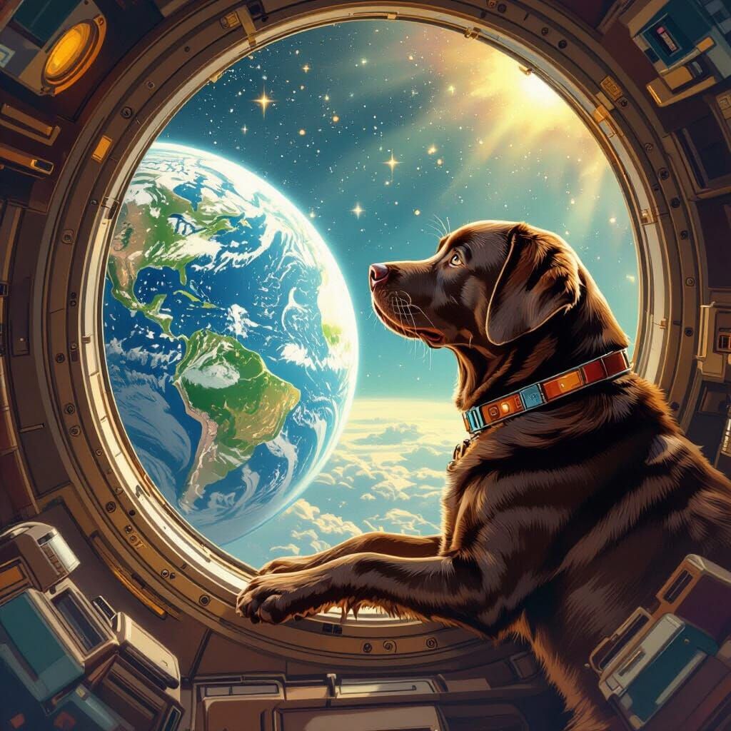 Labrador Astronaut Gazing at Earth in Space
