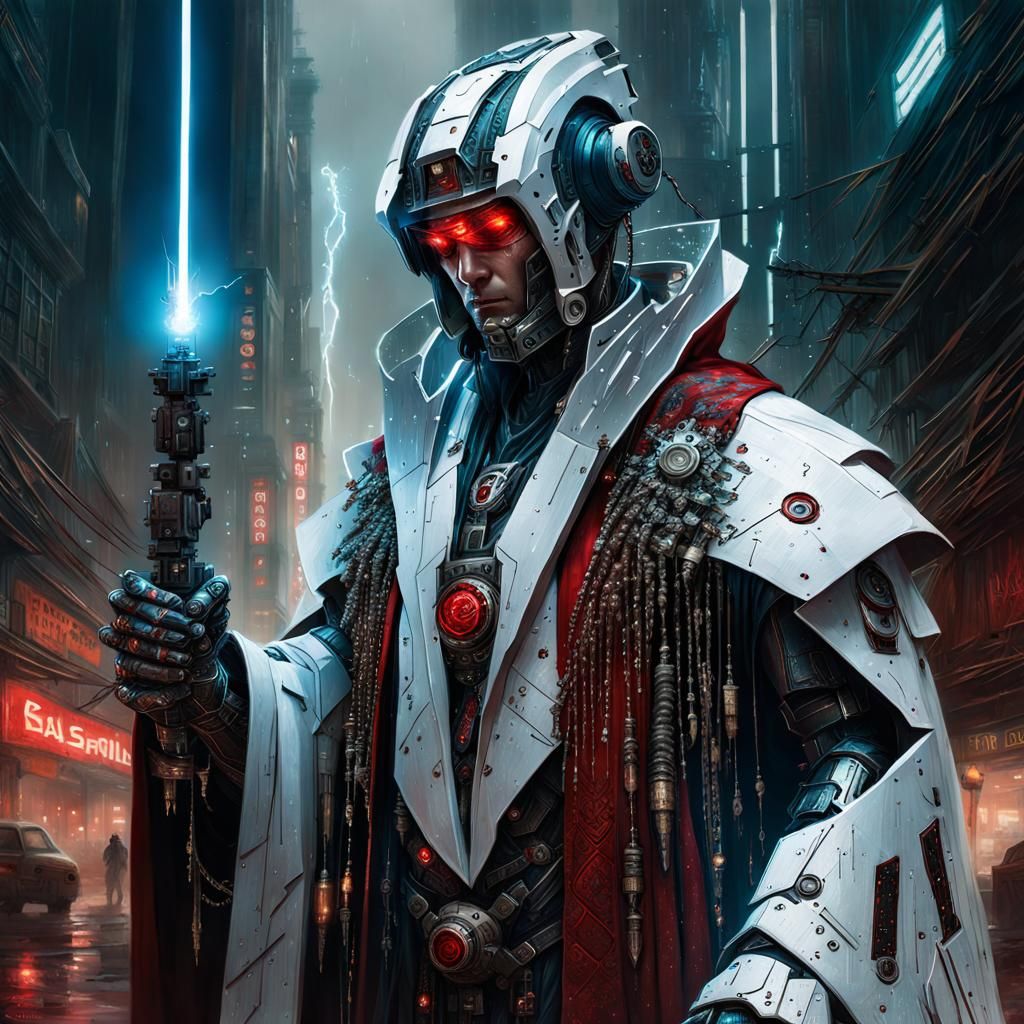 Cyberpunk Robot Sorcerer Casting Magic Spell