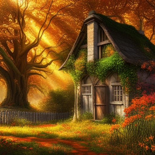 Golden Autumnal Cottage in Fantasy Forest