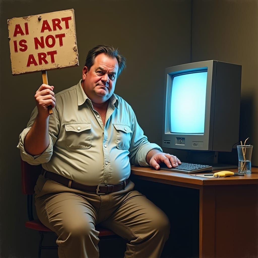 Disheveled Man Declares "AI ART is not Art" as Oil Painting