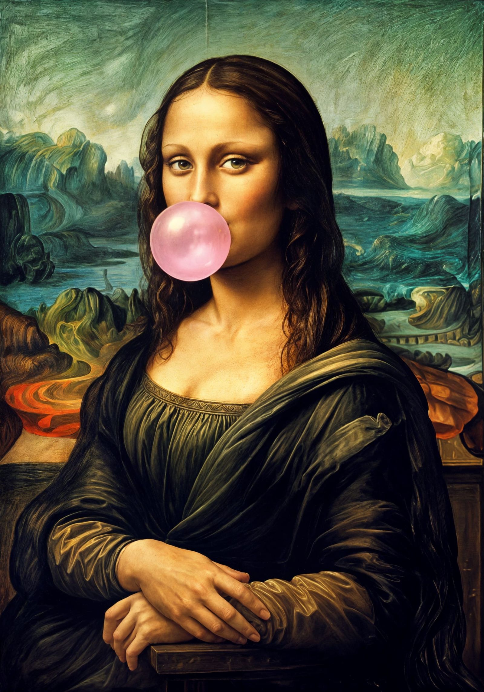 Mona Lisa Blows a Giant Bubblegum Bubble in Whimsical Art